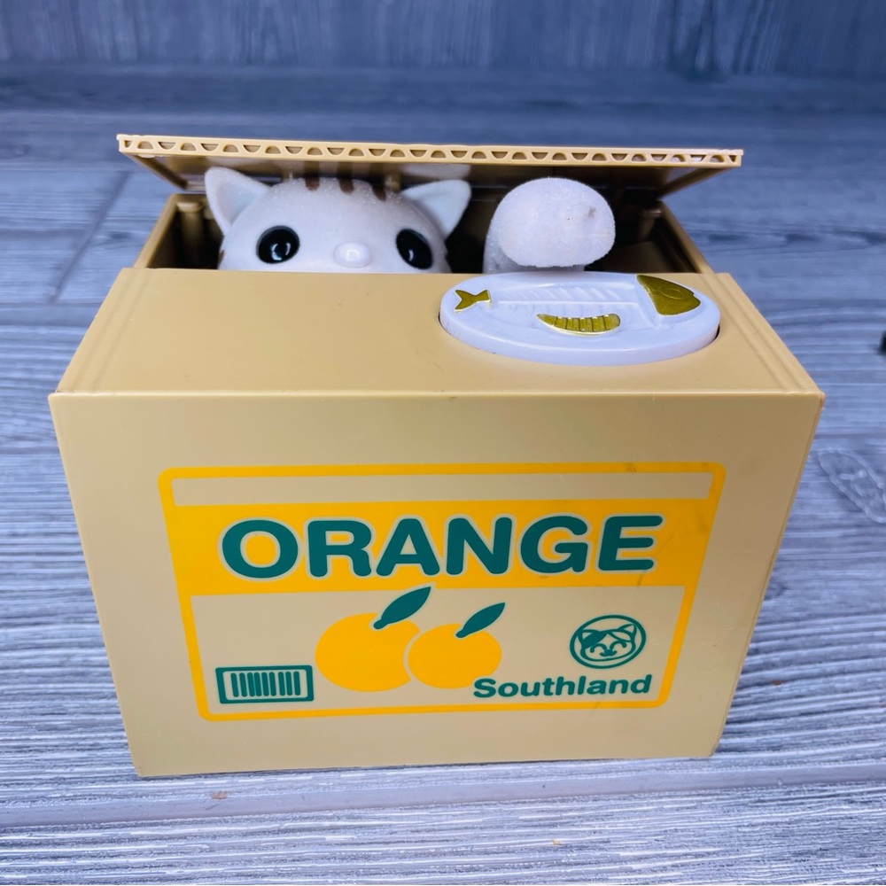 Orange box animated Mechanical  cat / kitten in box piggy Bank storage